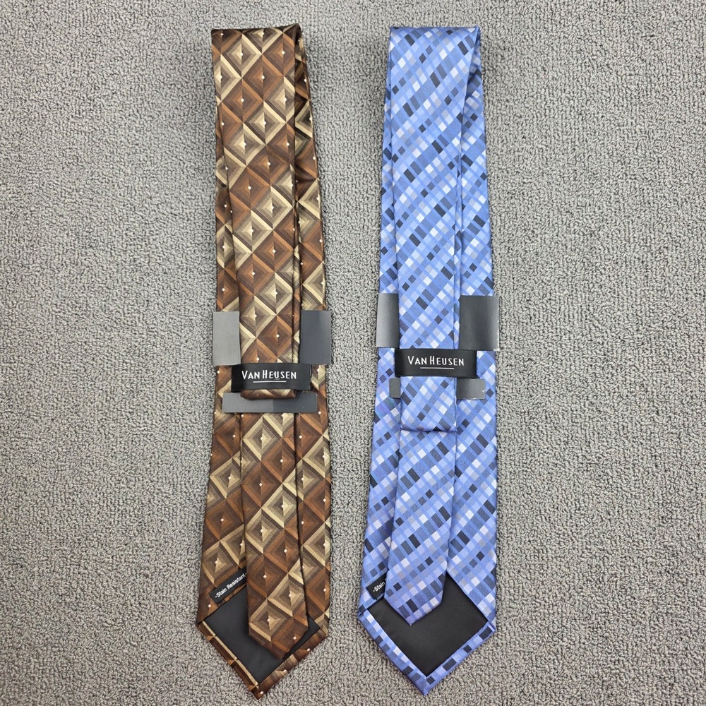 Van Heusen Silk Tie Set Mens Brown Blue Geometric Plaid Stain Resistant OS - Picture 2 of 8